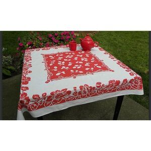 Vintage Springmaid Red and White Flowered Tablecloth See Details